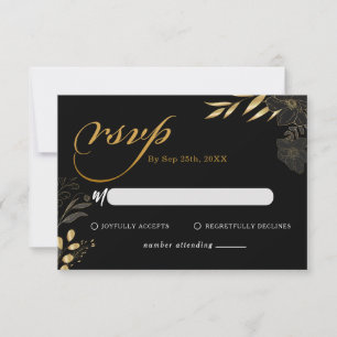 Modern Black Gold Floral Elegant Wedding RSVP Card