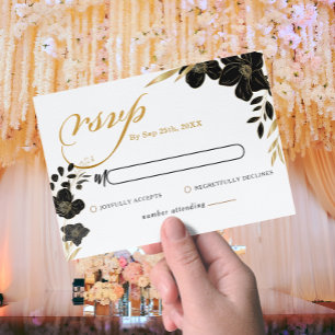 Modern Black Gold Floral Elegant White Wedding Card