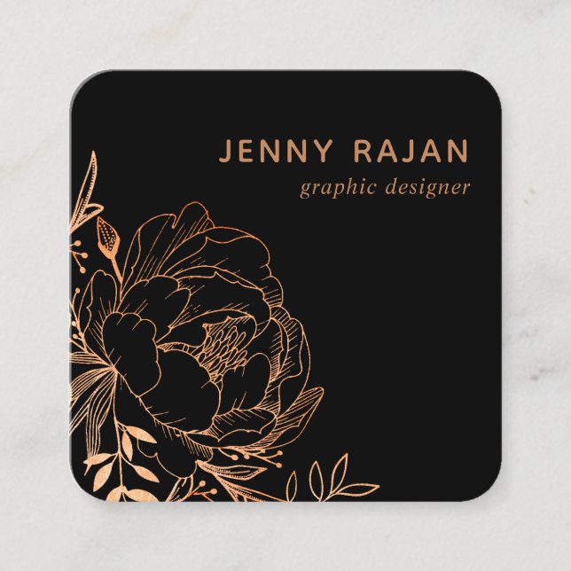 Modern Black Gold Floral Line Art Graphic Design Square Business Card (Front)
