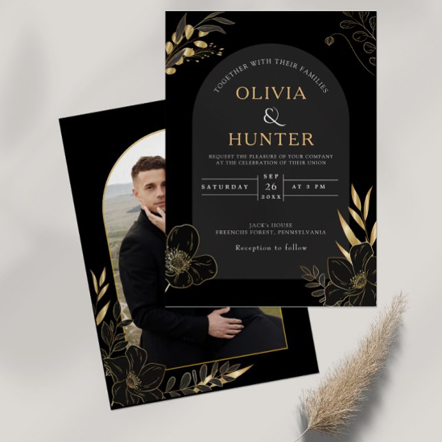 Modern Black & Gold Floral minimal Elegant Photo Invitation (Elegant Modern Black and Gold Floral Photo invitation card)