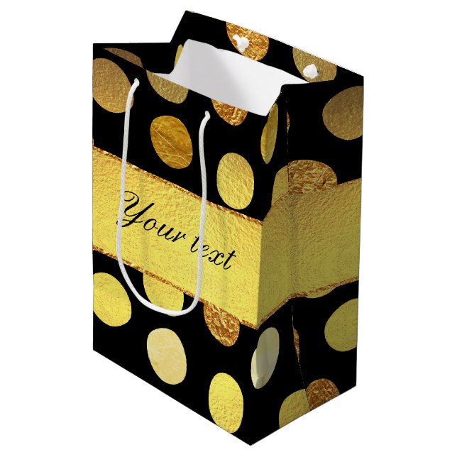 Modern Black Gold Foil Confetti Dots Medium Gift Bag (Front Angled)