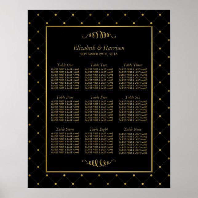 Modern Black & Gold Foil Effect Wedding Table Plan Poster (Front)