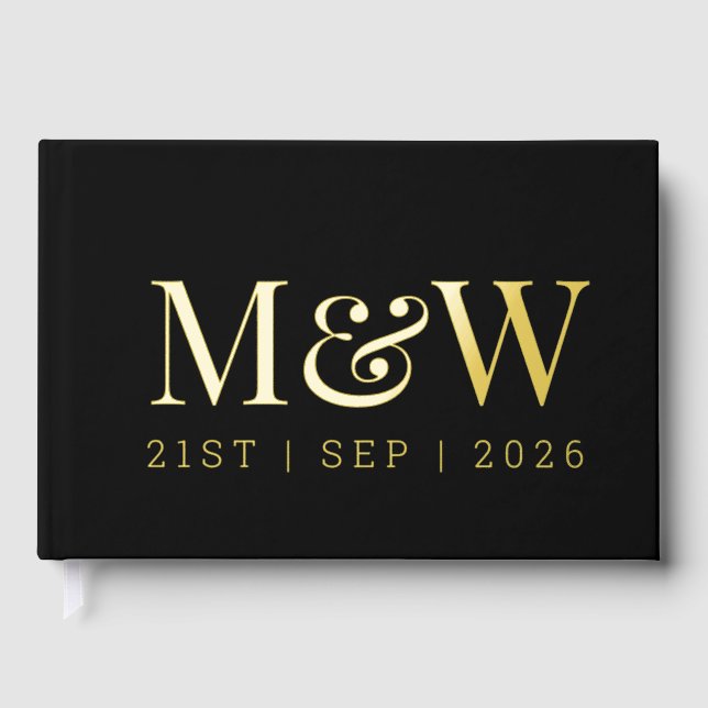 Modern Black Gold Foil Monogram Initials Wedding Guest Book (Front)