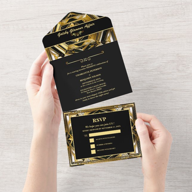 Modern Black & Gold Gatsby Art Deco 1920s Wedding All In One Invitation (Tearaway)