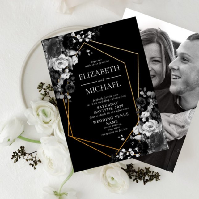 Modern Black Gold Geometric Floral Photo Wedding Invitation (Creator Uploaded)