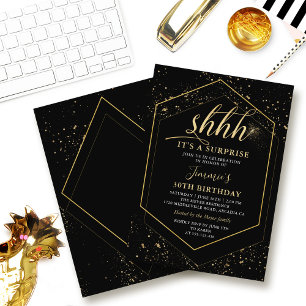 Modern Black Gold Geometric Surprise Birthday Invitation