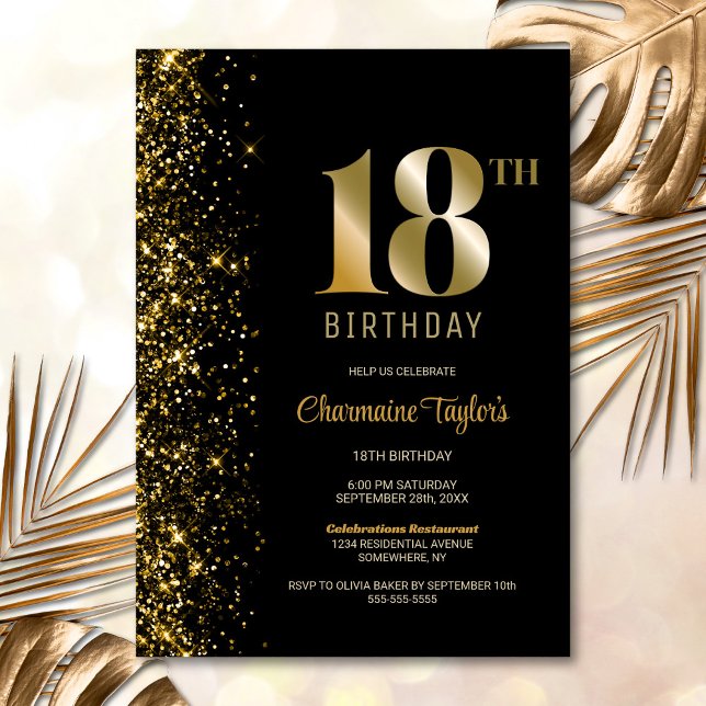 Modern Black Gold Glitter 18th Birthday Party Invitation (Creator Uploaded)