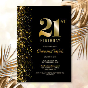 Modern Black Gold Glitter 21st Birthday Party Invitation