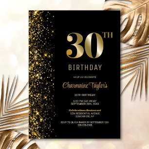 Modern Black Gold Glitter 30th Birthday Party Invitation