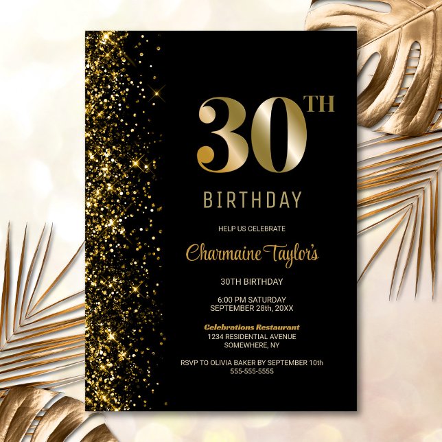 Modern Black Gold Glitter 30th Birthday Party Invitation (Creator Uploaded)
