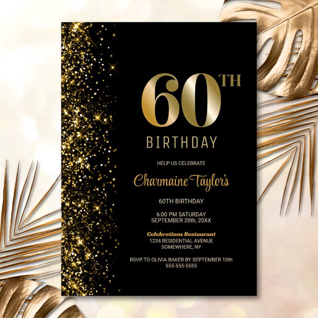 Modern Black Gold Glitter 60th Birthday Party Invitation (Creator Uploaded)