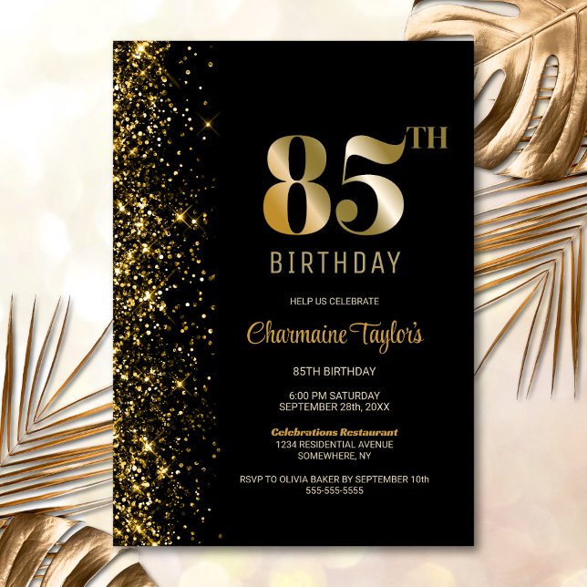 Modern Black Gold Glitter 85th Birthday Party Invitation (Creator Uploaded)