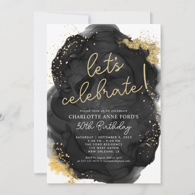 Modern Black Gold Glitter Alcohol Ink Birthday Invitation (Front)