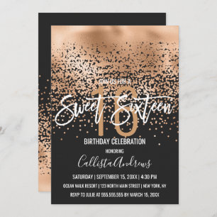 Modern Black Gold Glitter Confetti Sweet 16 Invitation