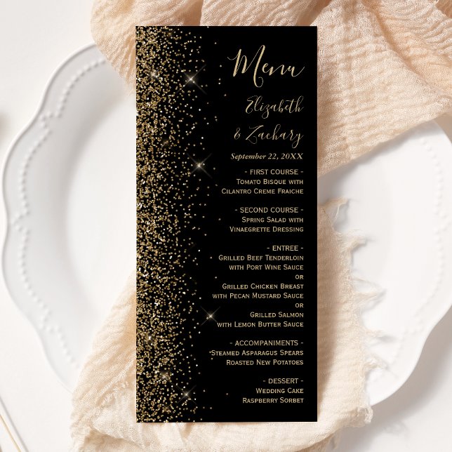 Modern Black Gold Glitter Edge Wedding Menu (Creator Uploaded)