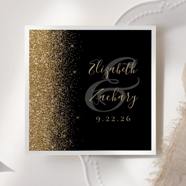 Modern Black Gold Glitter Edge Wedding Napkin (Creator Uploaded)