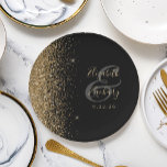 Modern Black Gold Glitter Edge Wedding Paper Plate<br><div class="desc">The left-hand edge of these elegant modern wedding paper plates features a gold faux glitter design. Personalise them with the names of the bride and groom in pale gold-coloured handwriting script over a large grey ampersand on a black background,  with the wedding date below.</div>