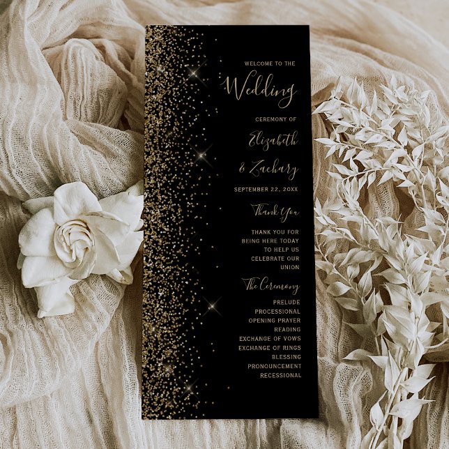 Modern Black Gold Glitter Edge Wedding Program (Creator Uploaded)