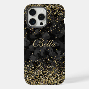Modern Black Gold Glitter Girly Personalised Name iPhone 15 Pro Max Case