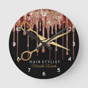Modern black Gold Glitter Hairstylist Round Clock