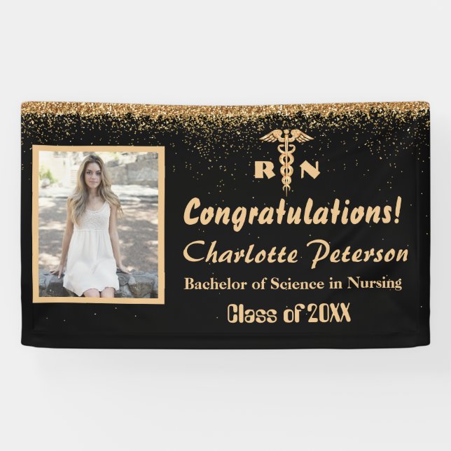 Modern Black & Gold Glitter Nurse Graduation  Banner (Horizontal)