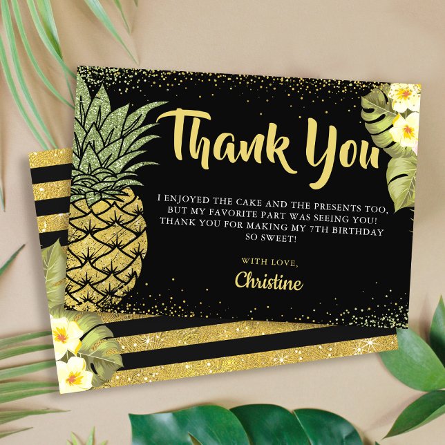 Modern Black Gold Glitter Pineapple Floral Thank You Card (Creator Uploaded)