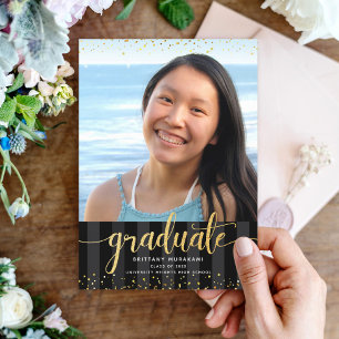 Modern black gold glitter script photo graduation announcement