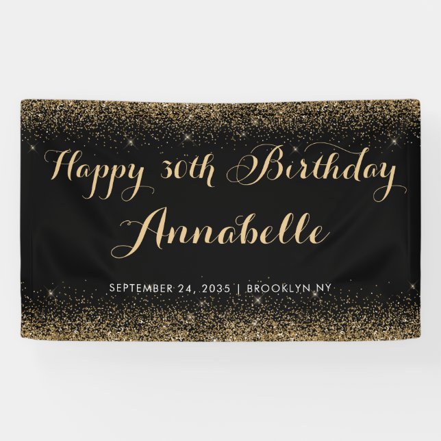 Modern Black Gold Glitter Sparkle Any Age Birthday Banner (Horizontal)
