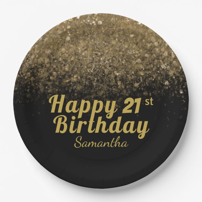 Modern Black & Gold Glitter Sparkle Birthday Paper Paper Plate (Front)