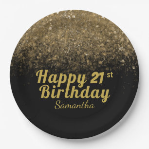 Modern Black & Gold Glitter Sparkle Birthday Paper Plate