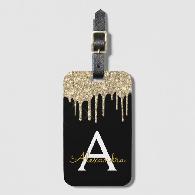 Modern Black Gold Glitter Sparkle Monogram Luggage Tag (Front Vertical)