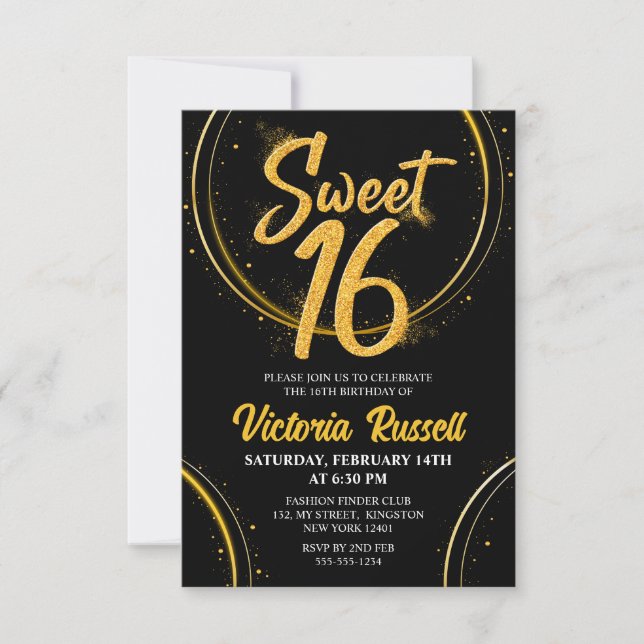 Modern Black & Gold Glitter Typography Sweet 16 Invitation (Front)