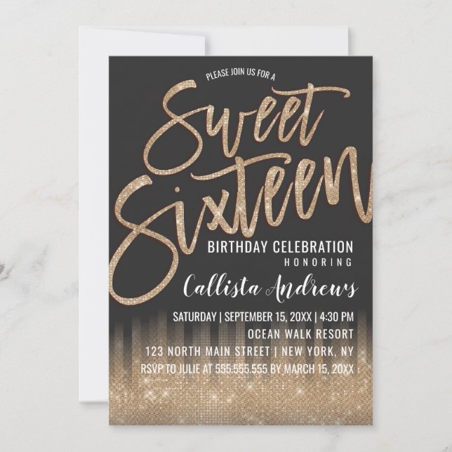 Modern Black Gold Glitter Typography Sweet 16 Invitation (Front)
