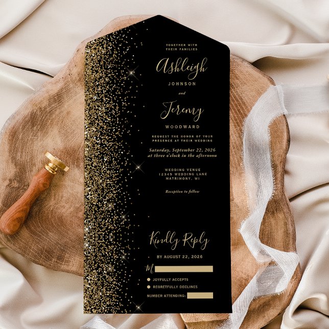 Modern Black Gold Glitter Wedding All In One Invitation (Creator Uploaded)