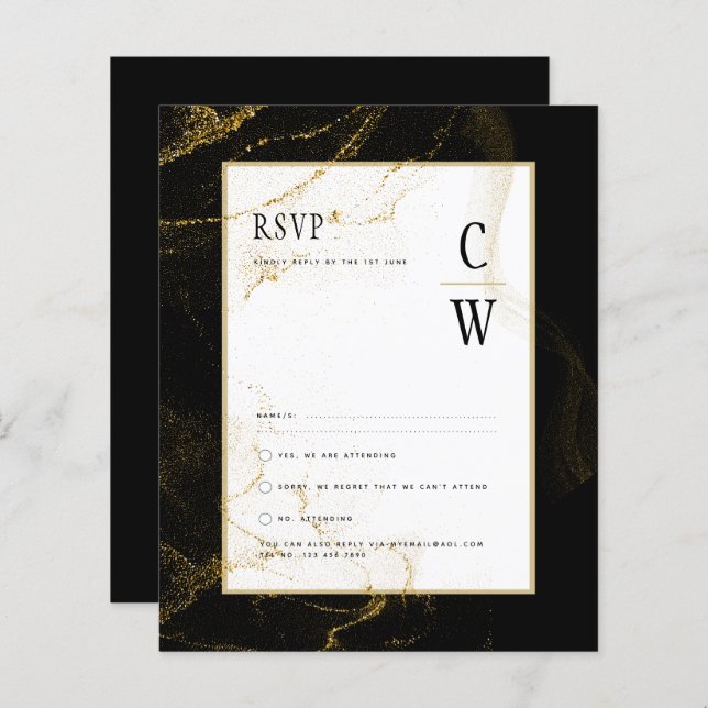 Modern Black Gold Glitter Wedding RSVP (Front/Back)