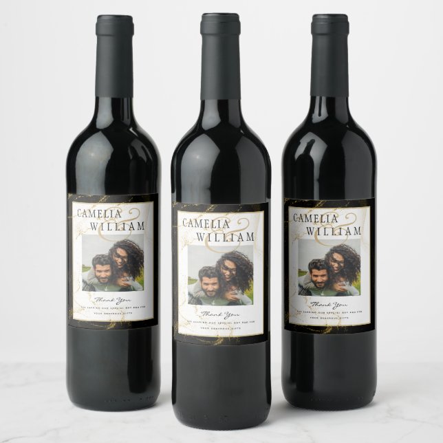 Modern Black Gold Glitter Wedding Wine Label (Bottles)