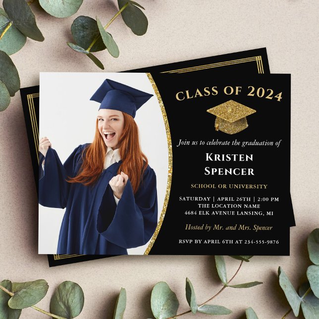 Modern Black Gold Graduate Photo Graduation Invitation (Creator Uploaded)