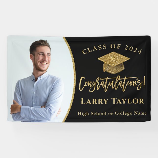 Modern Black Gold Graduate Photo Graduation Party Banner (Horizontal)