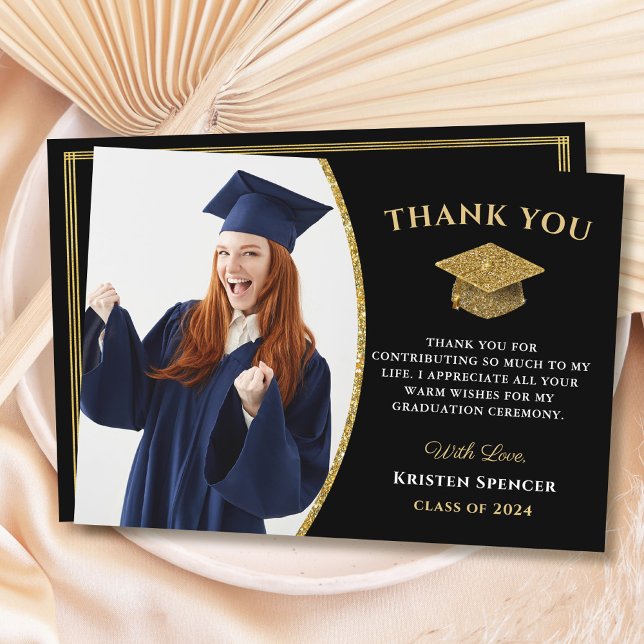 Modern Black Gold Graduate Photo Graduation Thank You Card (Creator Uploaded)