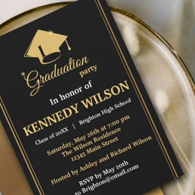 Modern Black Gold Graduation Party Invitation (Modern and stylish graduation announcement/invitation. #senior #sparkles#highschooluniversity)