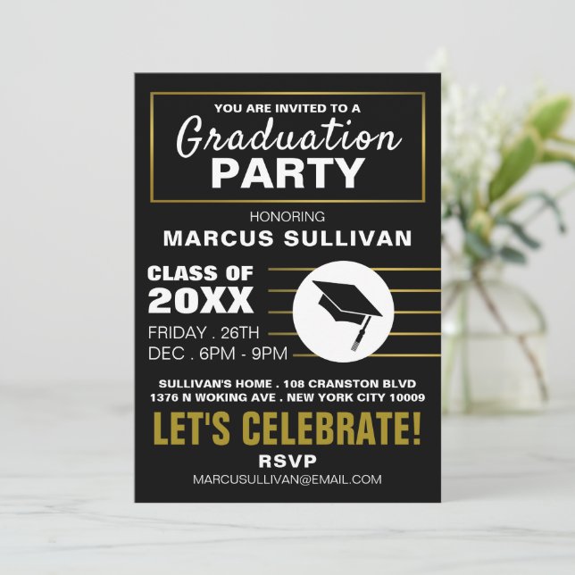 Modern Black & Gold, Graduation Party Invitation (Standing Front)