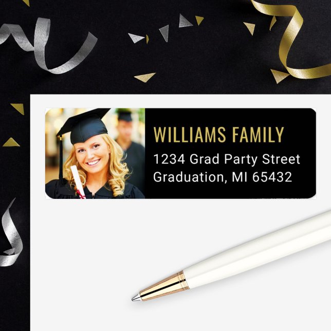 Modern Black Gold Graduation Photo Return Address (Creator Uploaded)