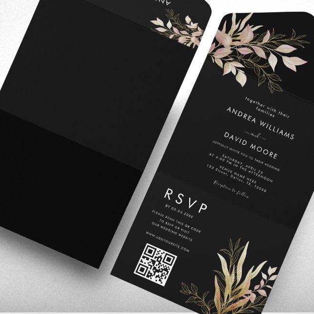 Modern Black & Gold Greenery QR Code RSVP Wedding  All In One Invitation (Creator Uploaded)
