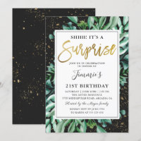 Modern Black Gold Greenery Surprise Birthday