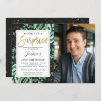 Modern Black Gold Greenery Surprise Birthday Photo