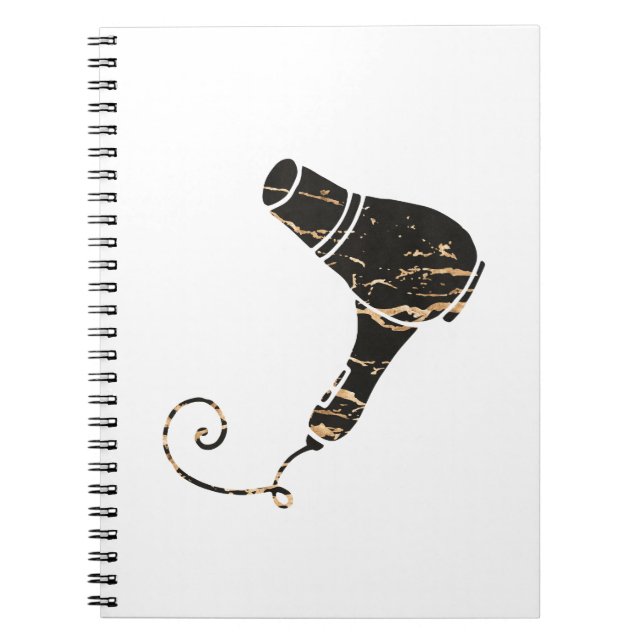 Modern Black & Gold Hair Dryer Art Spiral Notebook (Front)