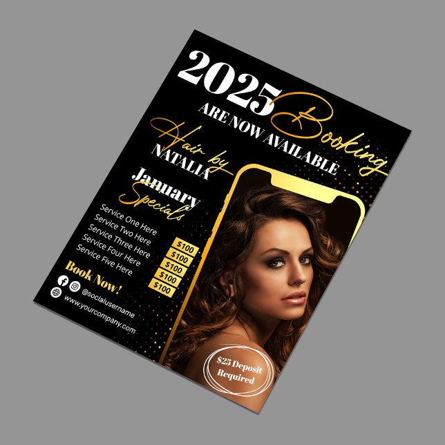 Modern Black Gold Hair Salon 2025 Booking Flyer (Creator Uploaded)