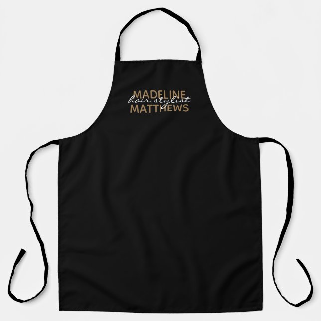 Modern Black Gold Hair Stylist Script Salon Name Apron (Front)