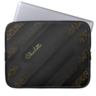 Modern Black-Gold Halftone Pattern and Custom Name Laptop Sleeve