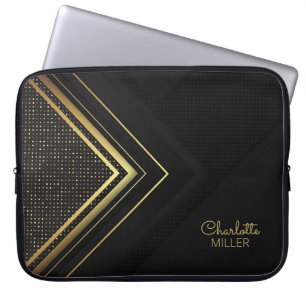 Modern Black-Gold Halftone Pattern and Custom Name Laptop Sleeve